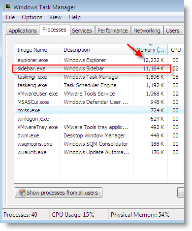 memusagwithsidebar Windows Vista Sidebar disable