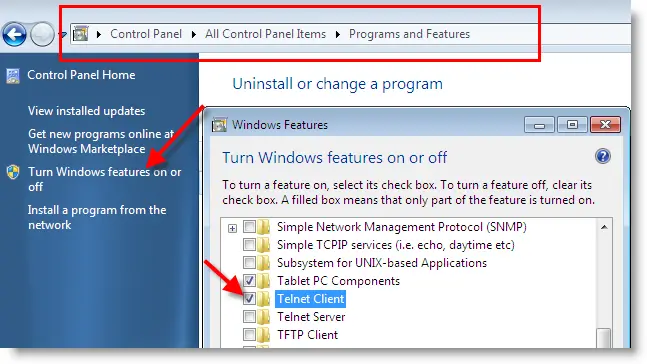 Telnet in Windows 7