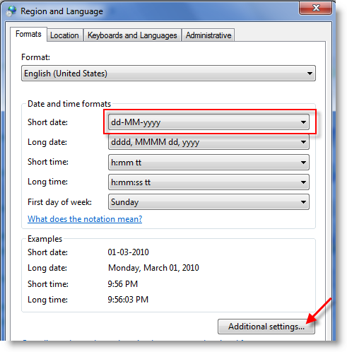 how to change date format windows 7