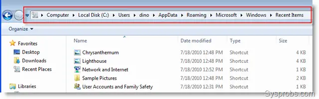 Windows 7 Recent Documents Location