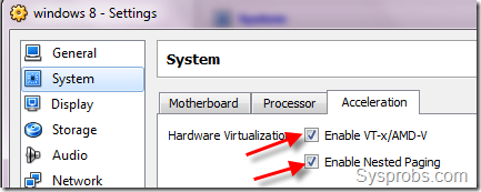 VirtualBox settings for Windows 8