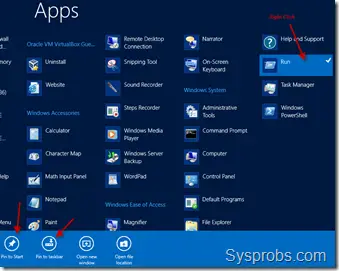right click run to add to windows 2012 task bar or start menu