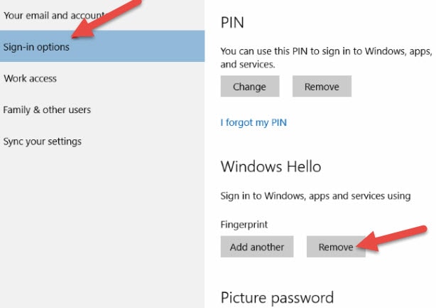 Remove Fingerprint in Windows 10