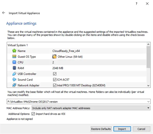 VirtualBox Import Option