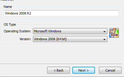 Select Windows Server 2008 R2 on VirtualBox