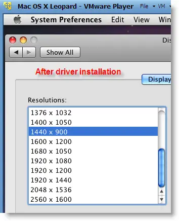 change display resolution mac os x vmware