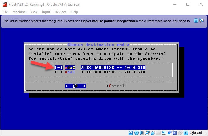 Select Correct Disk To Install FreeNAS On VirtualBox