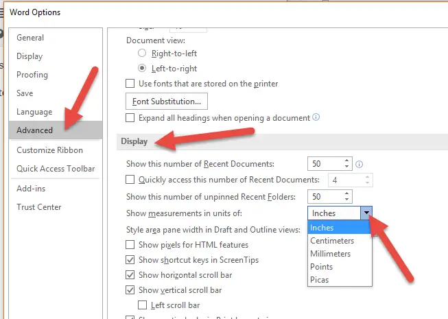 change inches to cm in MS Word