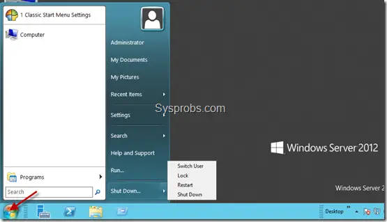 start button in Windows 2012