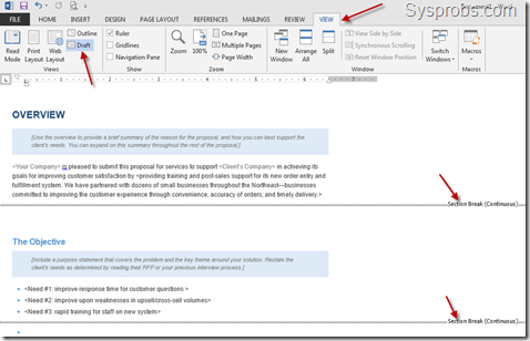 Draft mode to view section breaks