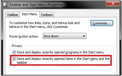 disable windows 7 recent items