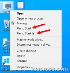pin my computer to start menu in Windows 10