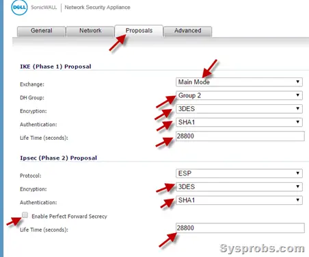 proposal settings in Sonicwall VPN