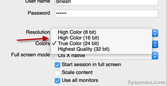 Color options in RDP Connection