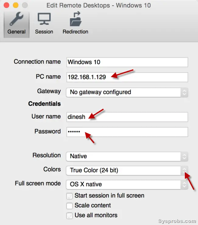 Settings of Windows 10 RDP on Mac