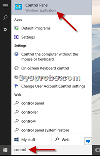 search control panel in Windows 10