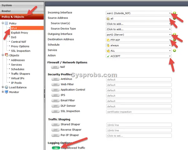 allow incoming ftp traffic in policy