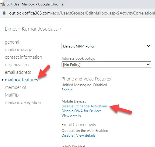 Disable Activesync In Office 365