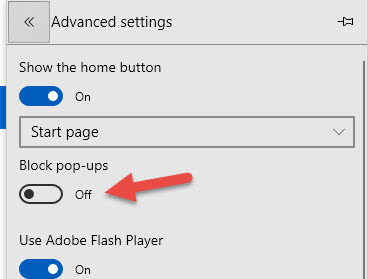 disabling pop up blocker microsoft edge