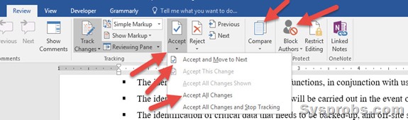 accept and compare track changes in word 2016