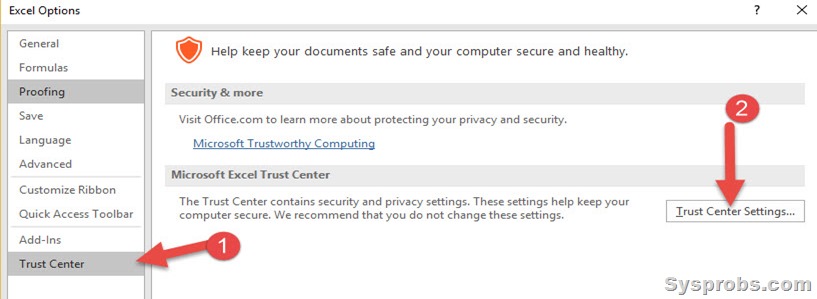 Excel trust center