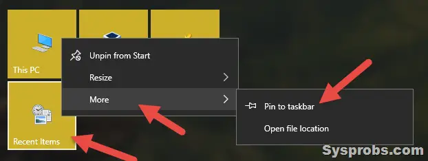pin recent items in Windows 10