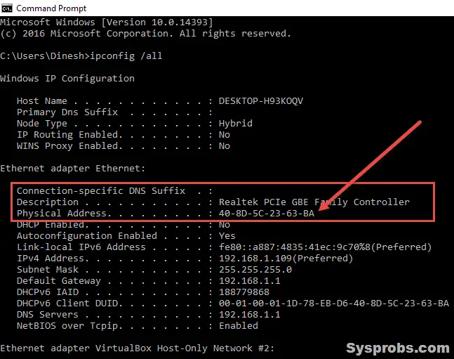 using arp command to find mac address