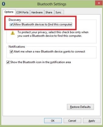 bluetooth settings in Windows 7