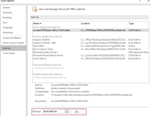 Disable add-ins in Excel