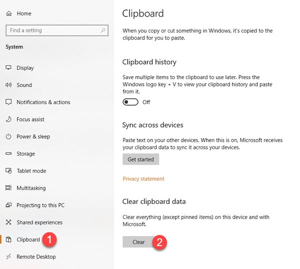 Clear Clipboard Option In Windows Settings
