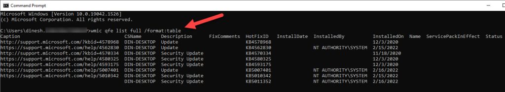 Installed Windows Updates In Command Prompt