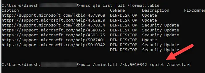 Uninstall Windows 10 Update In CLI