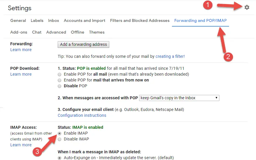 gmail imap settings for outlook 2016