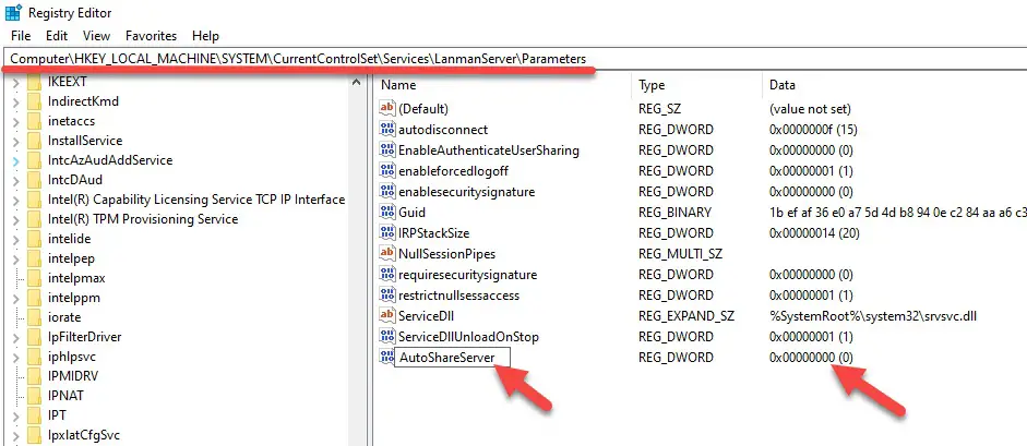 AutoShareServer Key In Windows 10