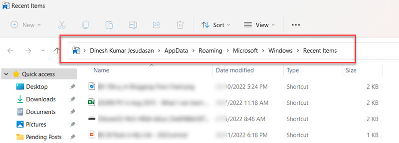 Recent Items In Windows 11