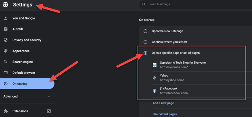 Startup Page Settings