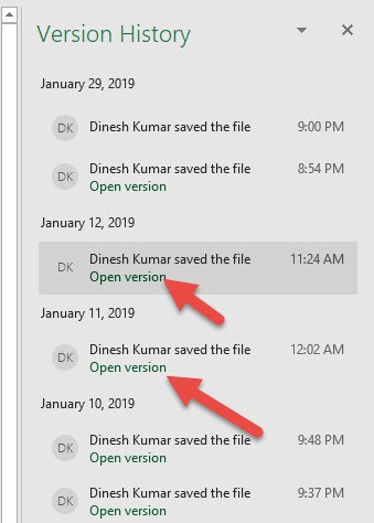 Open Version On Auto Saved Excel