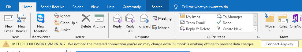 Metered Network Wanring In Outlook 365
