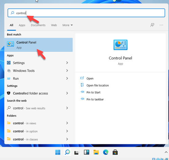 Search For Control Panel Windows 11