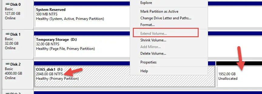 Extend Volume Greyed Out