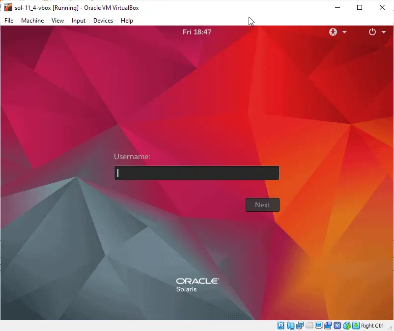 First Login Screen - working Solaris on VirtualBox