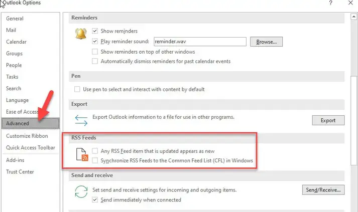 ปิดการใช้งาน RSS ใน Outlook