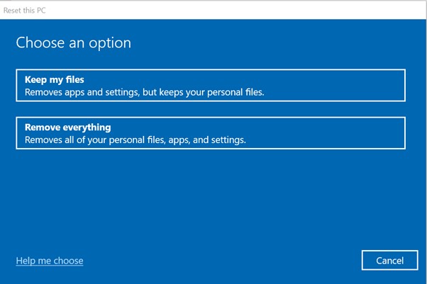 Options While Resetting PC