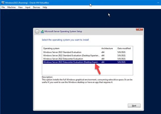 Select Desktop Experince Version Windows 2022 Server