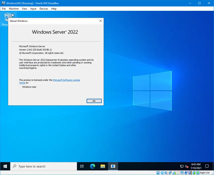 Working Windows 2022 On VirtualBox