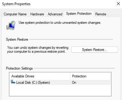 System Restore Point Option