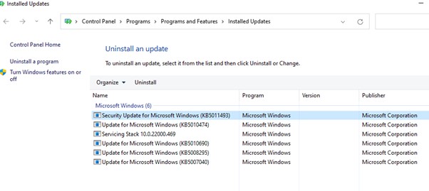 Uninstall Updates