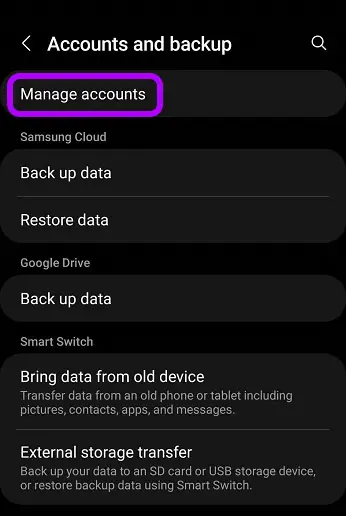 Tap on the Manage Accounts Option