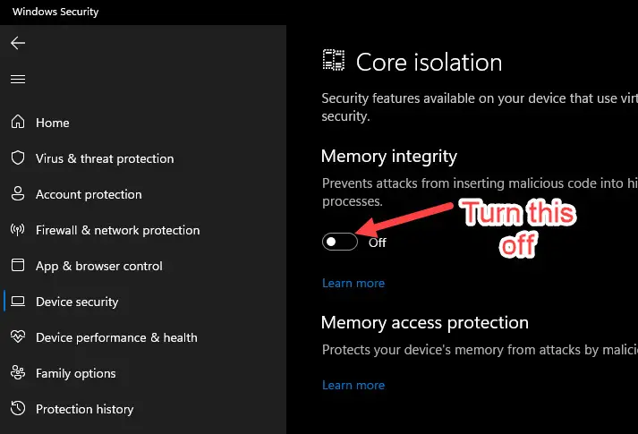 Turn Off Memory Integrity