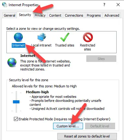 Custom Levels In IE Settings